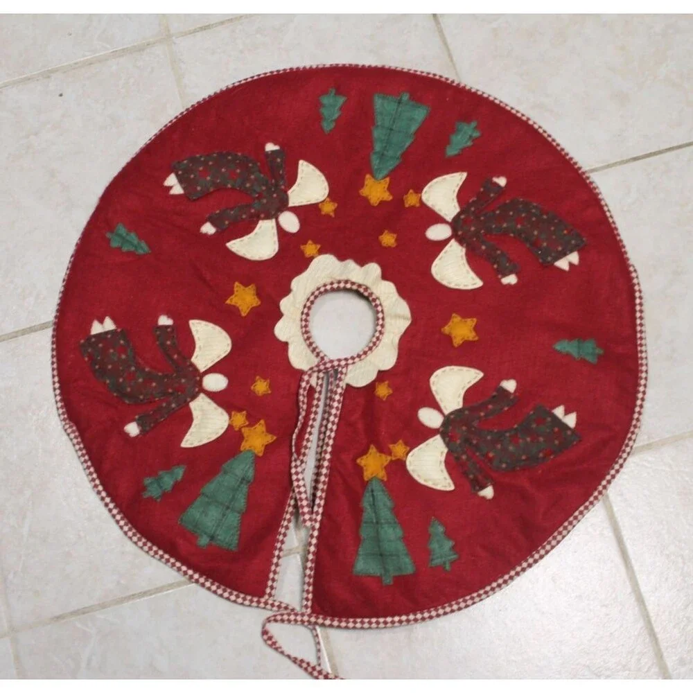 Vintage Handmade CHRISTMAS Tree Skirt Burgandy Angels, Stars, Trees Applique 25